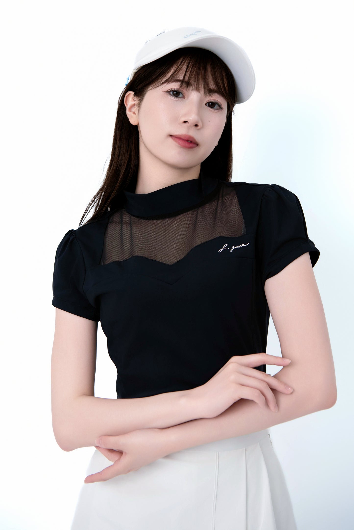 ハートネック・シースルーハーフスリーブTシャツ(Black)