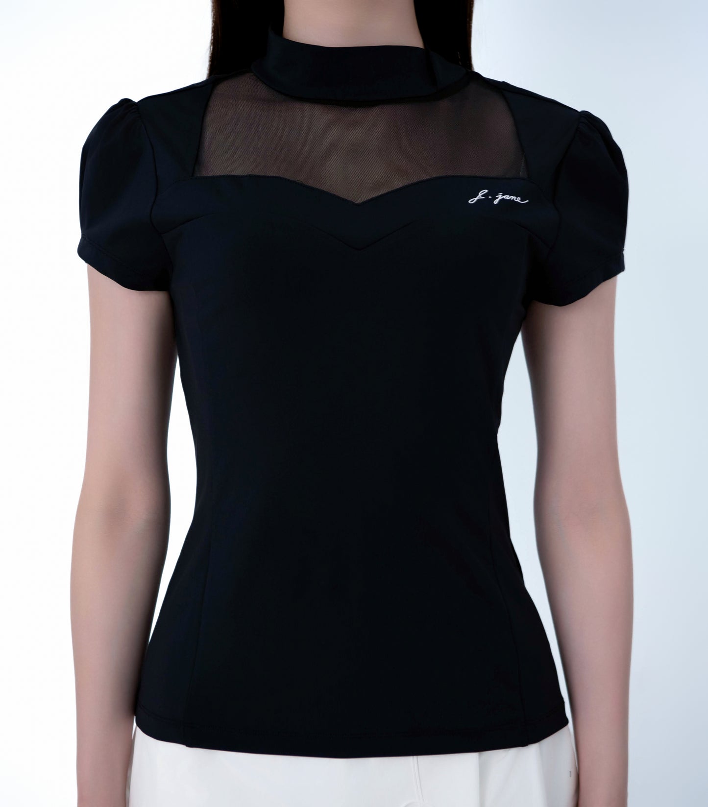 ハートネック・シースルーハーフスリーブTシャツ(Black)